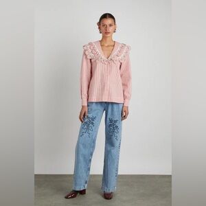 Blue Embroidered Flare Jeans